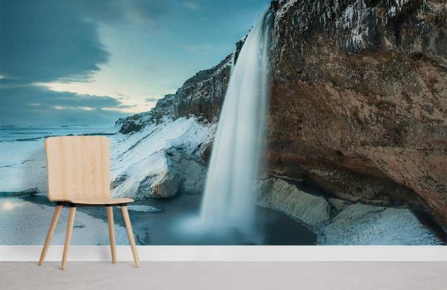 Landscape | Serene Icy Waterfall Landscape Mural Wallpaper 1ft² Blue Landscape Blue