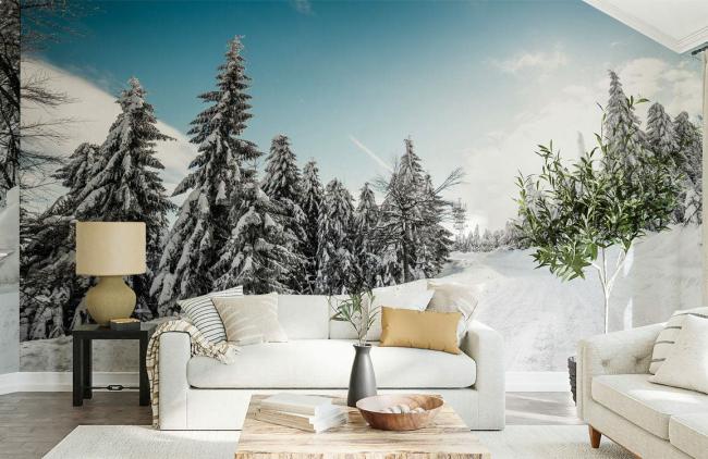 Landscape | Serene Snowy Forest Landscape Mural Wallpaper 1ft² Blue and White Landscape Blue & White