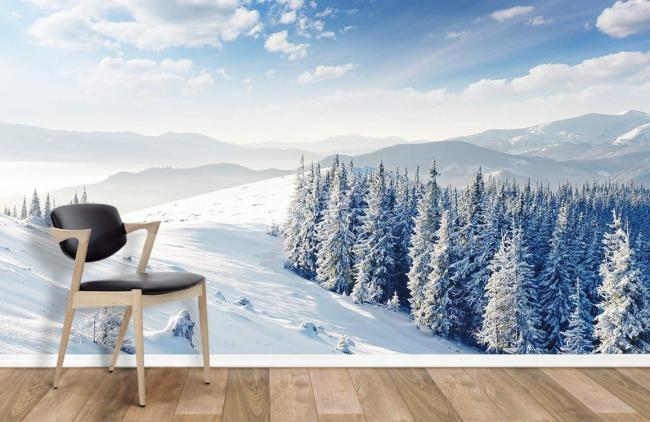 Landscape | Serene Winter Forest Blue Mural Wallpaper 1ft² Blue and White Landscape Blue & White