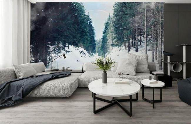 Landscape | Serene Winter Forest Road Mural Wallpaper 1ft² Blue and White Landscape Blue & White