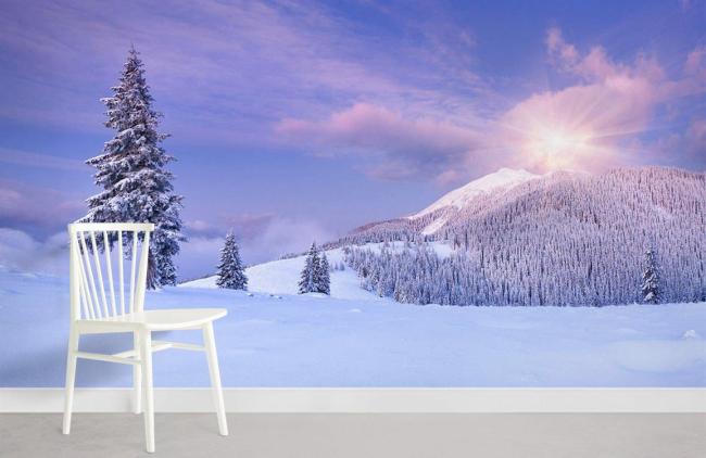 Landscape | Serene Winter Mountain Landscape Mural Wallpaper 1ft² Blue and White Landscape Blue & White