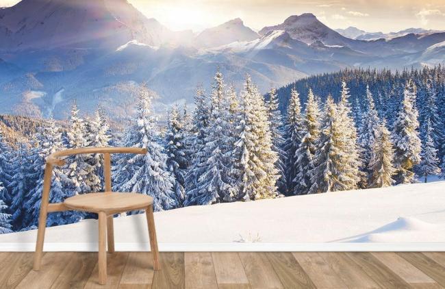 Landscape | Sunset Mountain Snow Landscape Mural Wallpaper 1ft² Orange and Blue Landscape Landscape