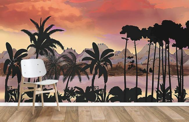 Landscape | Tropical Sunset Silhouette Mural Wallpaper 1ft² Orange Landscape Landscape