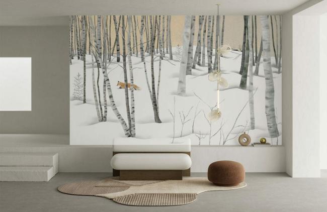 Landscape | Winter Birch Forest Mural Wallpaper 1ft² Beige Landscape Beige