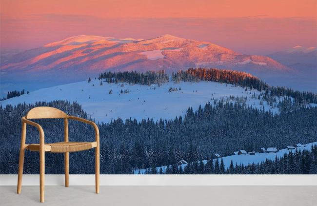 Landscape | Winter Dawn Alpenglow Snowy Mountainscape Wallpaper Mural 1ft² Orange Landscape Landscape