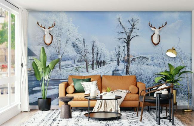 Landscape | Winter Frost Nature Landscape Mural Wallpaper 1ft² Blue and White Landscape Blue & White