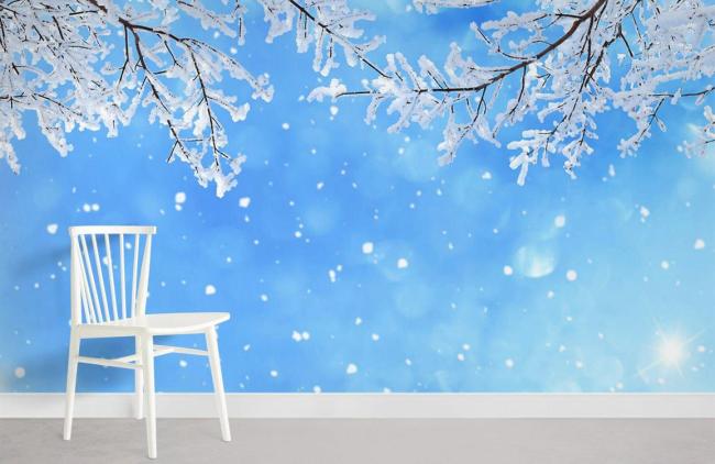 Landscape | Winter Snowfall Blue Sky Mural Wallpaper 1ft² Blue and White Landscape Blue & White