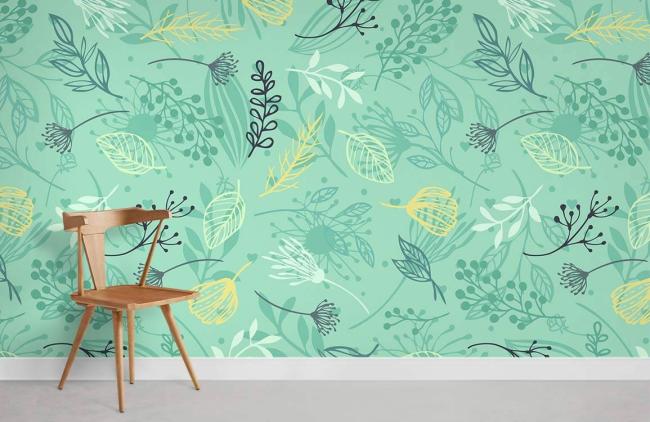 Leaf | Botanical Sketch Teal Floral Mural Wallpaper 1Roll Teal Leaf Leaf