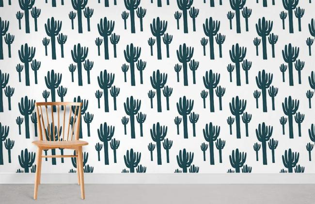 Leaf | Chic Teal Cactus Pattern Mural Wallpaper 1Roll Teal Leaf Leaf