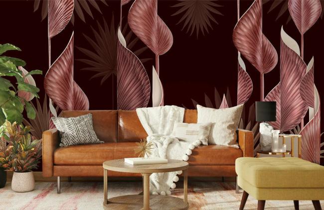 Leaf | Elegant Burgundy Botanical Leaf Mural Wallpaper 1Roll Burgundy Leaf Burgundy