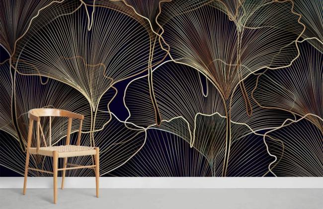 Leaf | Elegant Navy Ginkgo Leaf Mural Wallpaper 1ft² Navy and Gold Leaf Leaf