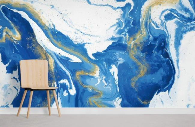 Marble | Blue Gold Marbled Abstract Mural Wallpaper 1ft² Navy and Gold Marble Marble