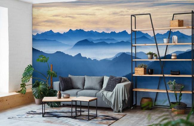 Mountain | Misty Mountain Range Landscape Mural Wallpaper 1ft² Blue and White Mountain Blue & White