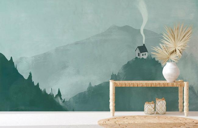 Mountain | Misty Mountain Solitude Mural Wallpaper 1ft² Teal Mountain Mountain