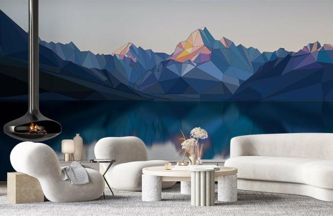 Mountain | Modern Abstract Geometric Mountain Mural Wallpaper 1ft² Blue and White Mountain Blue & White