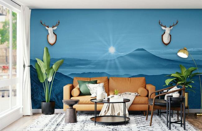 Mountain | Serene Mountain Sunrise Landscape Wall Mural 1ft² Blue Mountain Blue