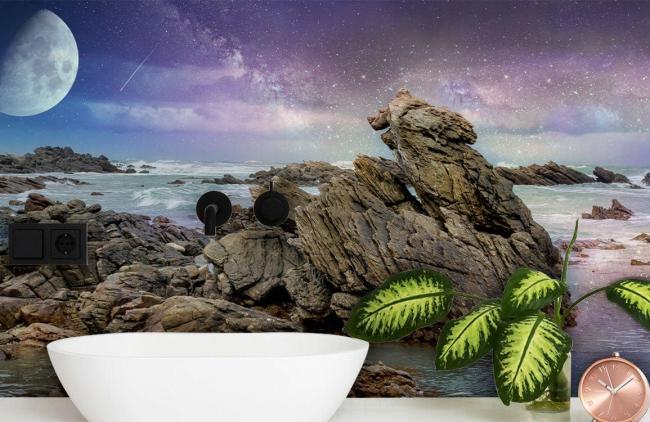 Ocean | Cosmic Seashore Moonlight Landscape Mural Wallpaper 1ft² Purple, Blue, Grey Nature & Landscape Ocean