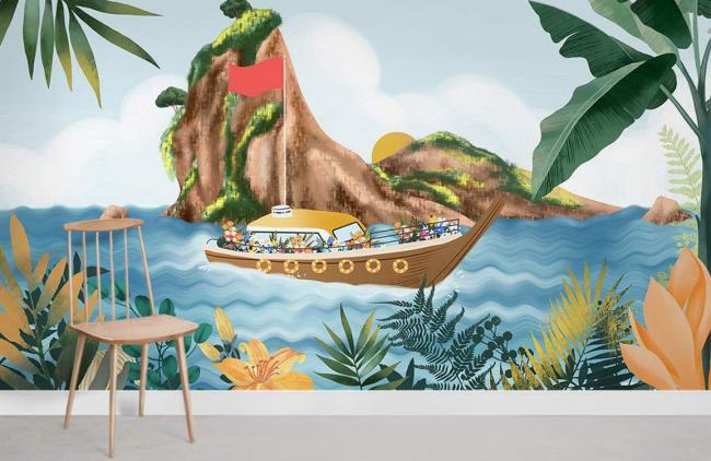 Ocean | Tropical Boat Adventure Kids Mural Wallpaper 1ft² Turquoise and Beige Nature & Landscape Ocean