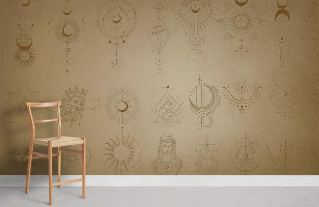 Space & Galaxy | Celestial Boho-Chic Gold Mural Wallpaper 1ft² Gold Nature & Landscape Gold