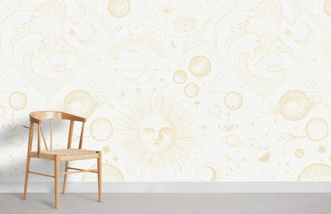 Space & Galaxy | Celestial Sun Moon Gold Mural Wallpaper 1ft² Beige and Gold Nature & Landscape Beige & Gold