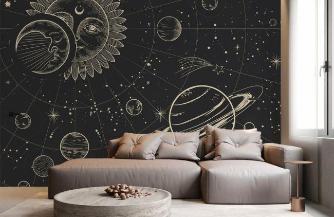 Space & Galaxy | Celestial Sun Moon Planets Mural Wallpaper 1ft² Black and White Nature & Landscape black & white