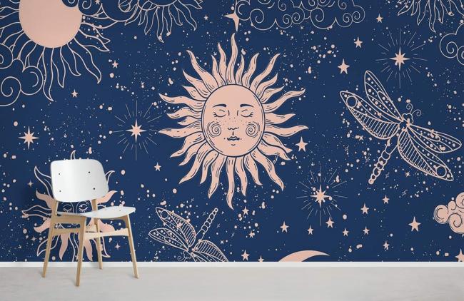 Space & Galaxy | Celestial Sun Moon Stars Mural Wallpaper 1ft² Navy Nature & Landscape Navy