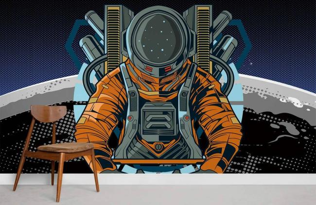 Space & Galaxy | Modern Astronaut Space Adventure Mural Wallpaper 1ft² Orange and Blue Nature & Landscape Orange & Blue