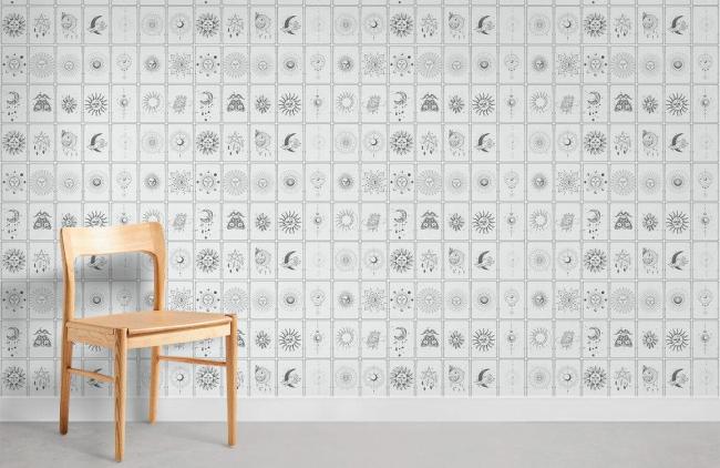 Space & Galaxy | Modern Geometric Astrology Pattern Mural Wallpaper 1ft² Black and White Nature & Landscape black & white