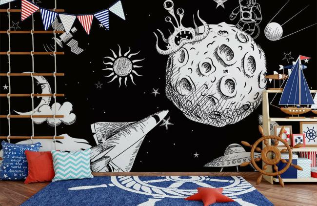 Space & Galaxy | Outer Space Adventure Kids Mural Wallpaper 1ft² Black and White Nature & Landscape black & white