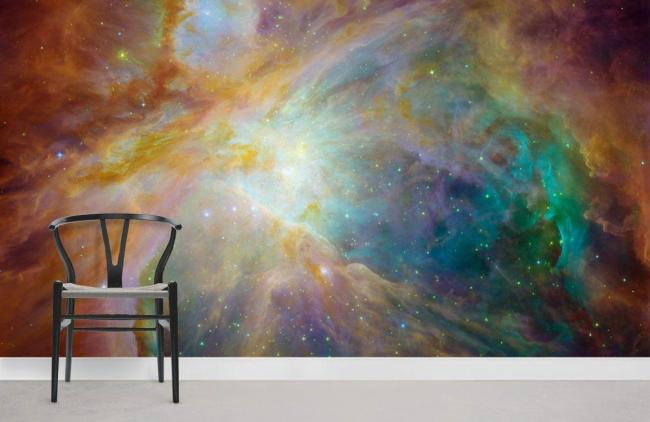 Space & Galaxy | Vibrant Cosmic Nebula Space Mural Wallpaper 1ft² Orange, Teal, Yellow Nature & Landscape Orange, Teal, Yellow