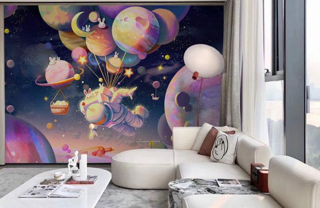 Space & Galaxy | Whimsical Space Adventure Kids Mural Wallpaper 1ft² Multicolor Nature & Landscape Multicolor