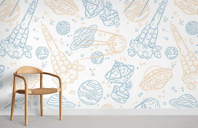 Space & Galaxy | Whimsical Space Adventure Kids Wall Mural 1ft² Blue and White Nature & Landscape Blue & White