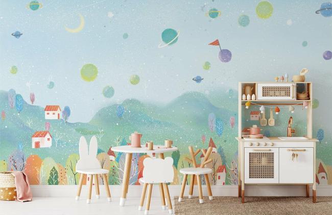 Space & Galaxy | Whimsical Space Village Pastel Mural Wallpaper 1ft² Pastel Multicolor Nature & Landscape Pastel Multicolor