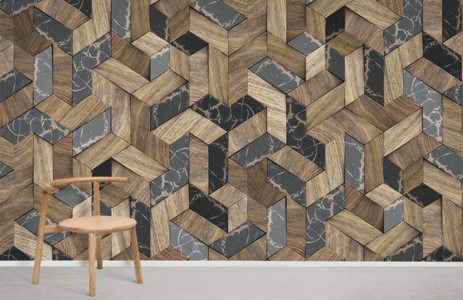 Wood | Luxury Herringbone Marble Wood Mural Wallpaper 1ft² Beige, Grey, Black Surfaces Beige, Grey, Black