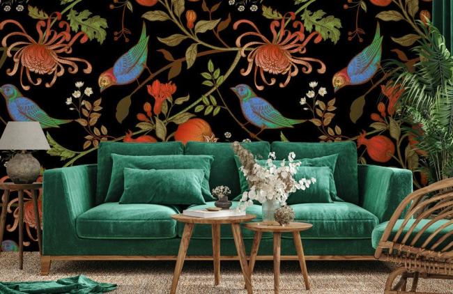 Flower | Vintage Botanical Bird Black Mural Wallpaper 1Roll Black Flower black