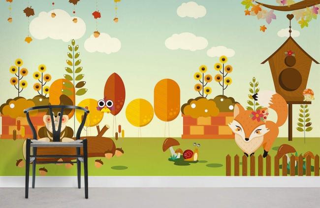 Animal | Cheerful Autumn Woodland Creatures Kids Wallpaper Mural 1ft² Multicolor Animal Animal