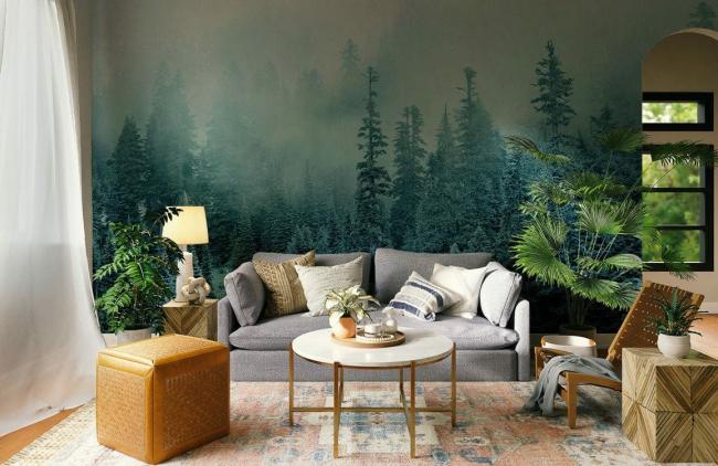 Forest | Chill Misty Forest Landscape Wall Mural 1ft² Emerald Green Forest Emerald Green