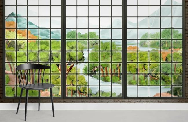 Forest | Serene Landscape Window View Mural Wallpaper 1ft² Green Forest Forest