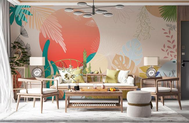 Leaf | Tropical Botanical Sunrise Wall Mural 1ft² Beige Leaf Beige