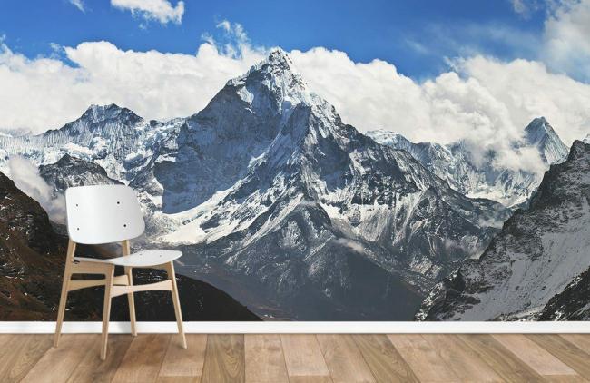 Landscape | Majestic Mountain Peak Landscape Mural Wallpaper 1ft² Blue and White Landscape Blue & White